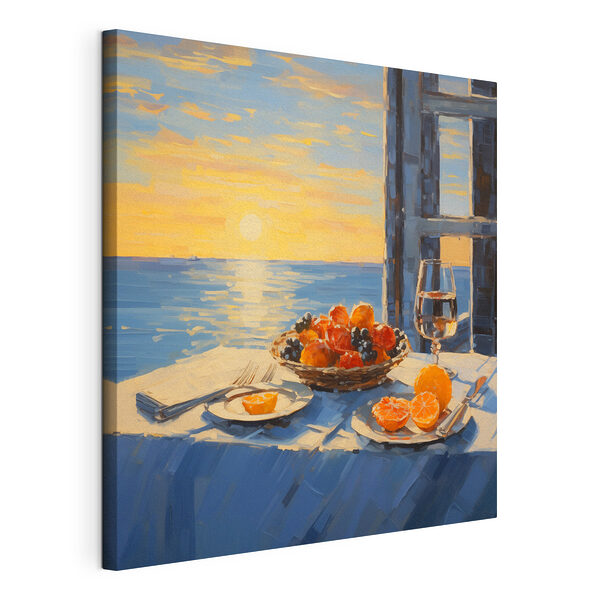 Canvas Schilderijen Schilderij van een mand fruit op een tafel met een glas wijn