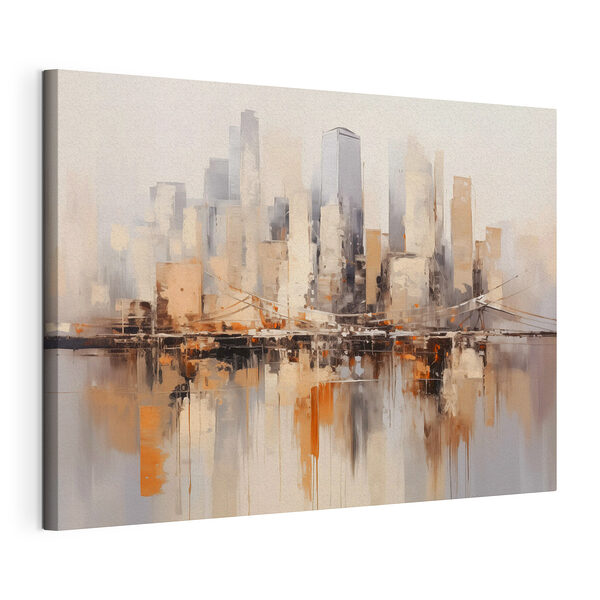 Canvas Schilderijen Schilderij van een stad met een brug over water