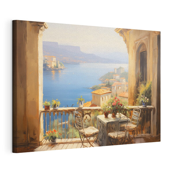 Canvas Schilderijen Schilderij van een balkon met uitzicht op het water