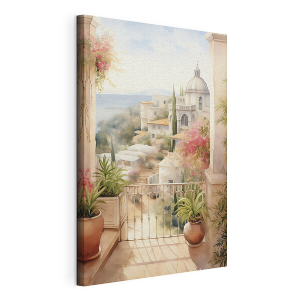 Canvas Schilderijen Aquarel van een balkon met uitzicht op een stad