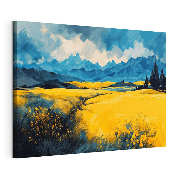 Geel veld met bergen op de achtergrond Canvas Schilderijen Geel veld met bergen op de achtergrond