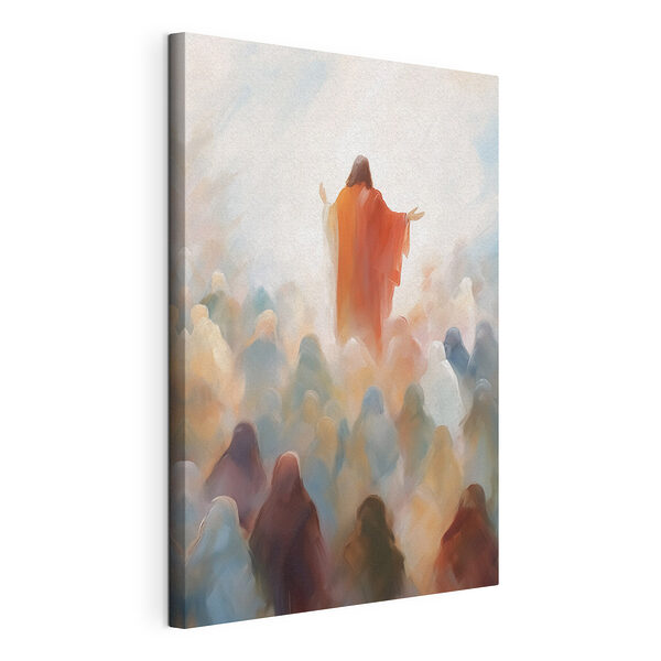Schilderij van een man in een rood gewaad omringd door een groep mensen Canvas Schilderijen Schilderij van een man in een rood gewaad omringd door een groep mensen