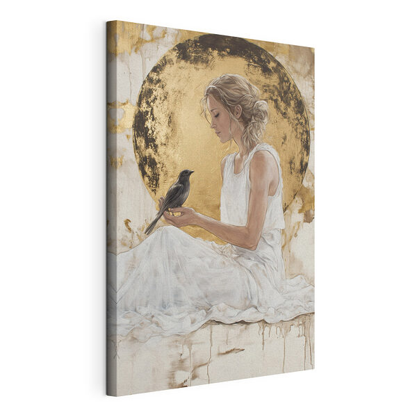 Vrouw in een witte jurk met een vogel Canvas Schilderijen Vrouw in een witte jurk met een vogel