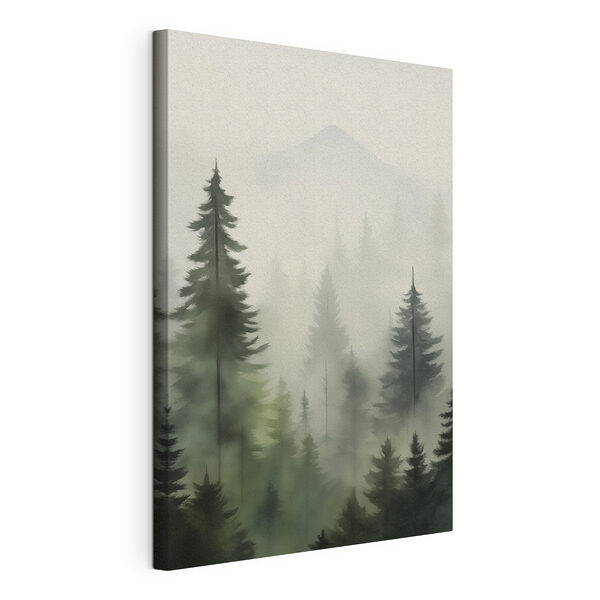 Mistig bos met bomen en een berg op de achtergrond Canvas Schilderijen Mistig bos met bomen en een berg op de achtergrond