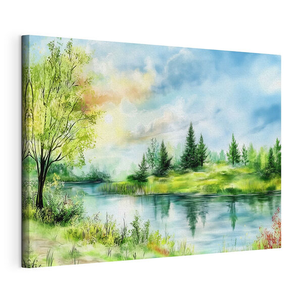 Canvas Schilderijen Aquarel van een meer met bomen en gras