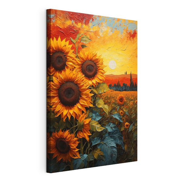 Canvas Schilderijen Schilderij van zonnebloemen in een veld