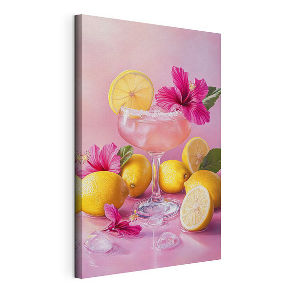 Canvas Schilderijen Glas met roze drank en citroenen