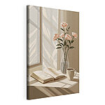 Canvas Schilderijen Boek en een vaas met bloemen
