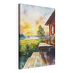 Canvas Schilderijen Aquarel schilderij van een huis met bloemen op een tafel