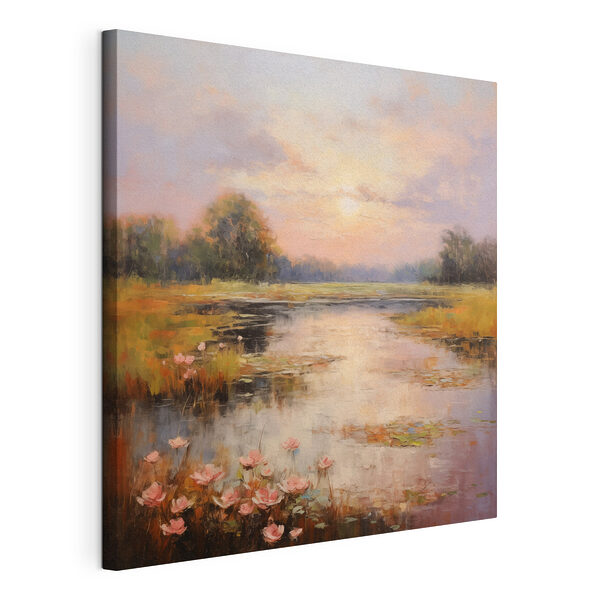 Schilderij van een meer met bloemen Canvas Schilderijen Schilderij van een meer met bloemen