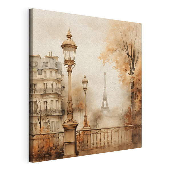 Straatlantaarn en bomen met een toren op de achtergrond Canvas Schilderijen Straatlantaarn en bomen met een toren op de achtergrond