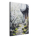 Canvas Schilderijen Schilderij van een gebouw met een boom en bloemen