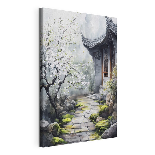 Schilderij van een gebouw met een boom en bloemen Canvas Schilderijen Schilderij van een gebouw met een boom en bloemen