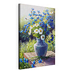 Canvas Schilderijen Blauwe korenbloemen met madeliefjes in vaas