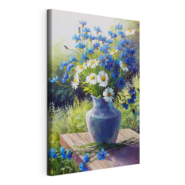 Canvas Schilderijen Blauwe korenbloemen met madeliefjes in vaas