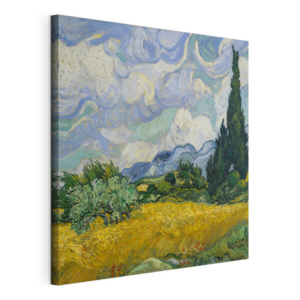 Canvas Schilderijen Schilderij van een veld met bomen en bergen op de achtergrond