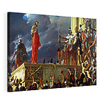 Canvas Schilderijen Schilderij van een man in een rood gewaad staand op een platform met een menigte mensen