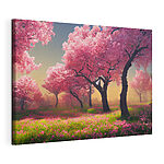 Canvas Schilderijen Veld met roze bloemen en bomen