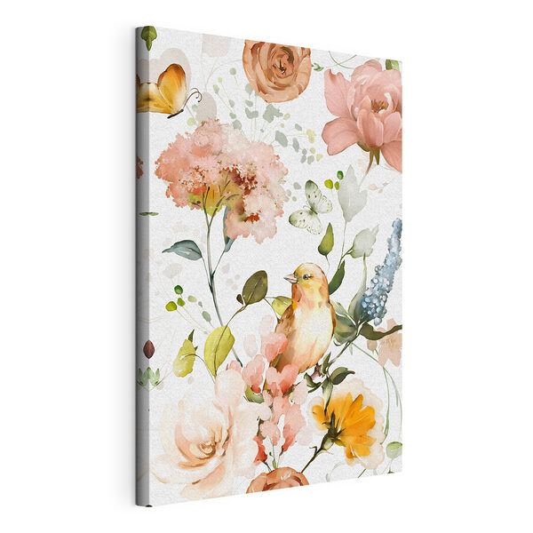 Vogel en bloemen op een witte achtergrond Canvas Schilderijen Vogel en bloemen op een witte achtergrond