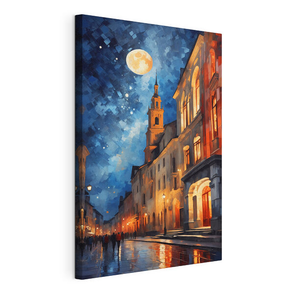 Canvas Schilderijen Straat met gebouwen en een maan