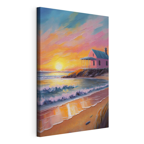 Schilderij van een huis op een strand Canvas Schilderijen Schilderij van een huis op een strand