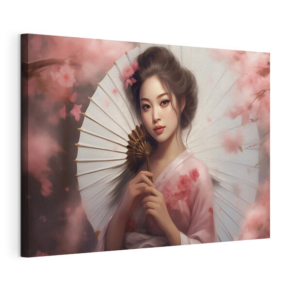 Canvas Schilderijen Vrouw met parasol tussen de bloesems