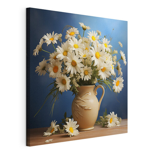 Canvas Schilderijen Madeliefjes in elegante vaas van keramiek
