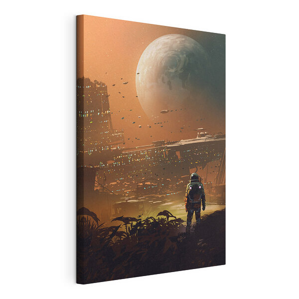 Canvas Schilderijen Astronaut bekijkt futuristisch buitenaards landschap