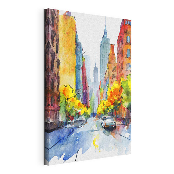 Levendige stadsstraat in aquarel Canvas Schilderijen Levendige stadsstraat in aquarel
