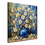 Canvas Schilderijen Blauwe vaas met bloeiende bloemen