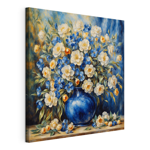 Canvas Schilderijen Blauwe vaas met bloeiende bloemen