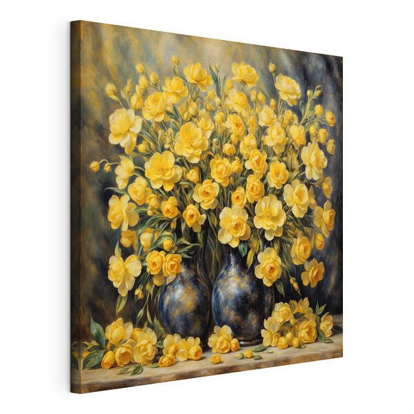 Canvas Schilderijen Levendig gele bloemen in elegante vazen