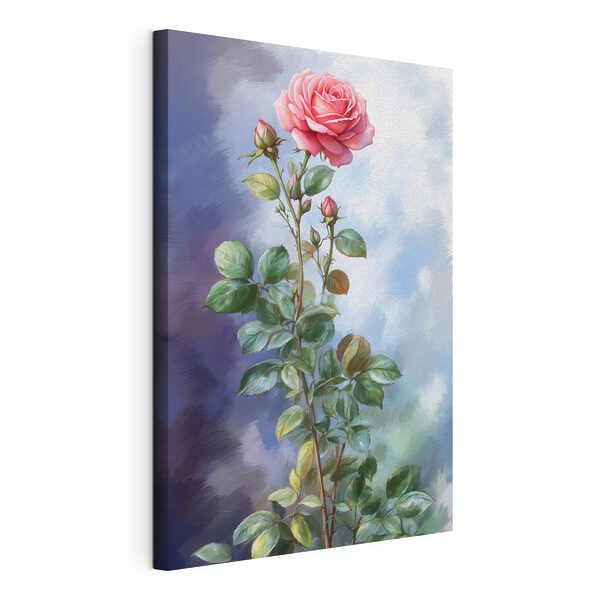 Canvas Schilderijen Roze roos met bladeren in bloei