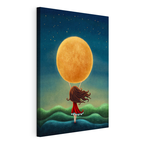 Spotprent van een meisje in een rode jurk op een heuvel Canvas Schilderijen Spotprent van een meisje in een rode jurk op een heuvel