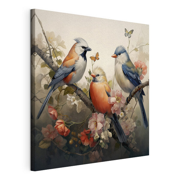 Groep vogels op een boomtak met bloemen Canvas Schilderijen Groep vogels op een boomtak met bloemen