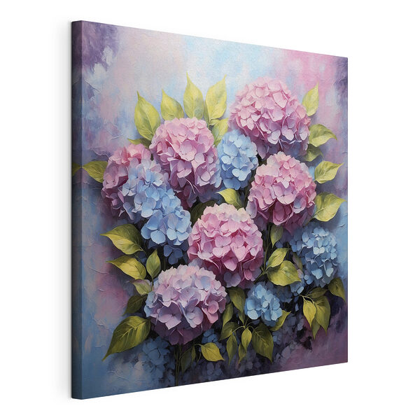 Canvas Schilderijen Schilderij van roze en blauwe hortensiabloemen