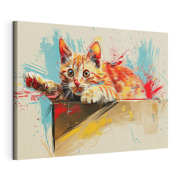 Poesje gluurt speels uit doos Canvas Schilderijen Poesje gluurt speels uit doos