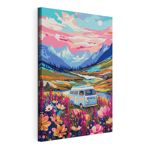Van in een bloemenveld Canvas Schilderijen Van in een bloemenveld