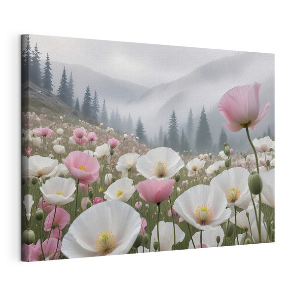 Mistige weide met bloeiende klaprozen Canvas Schilderijen Mistige weide met bloeiende klaprozen