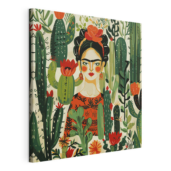 Vrouw omringd door levendige cactussen Canvas Schilderijen Vrouw omringd door levendige cactussen