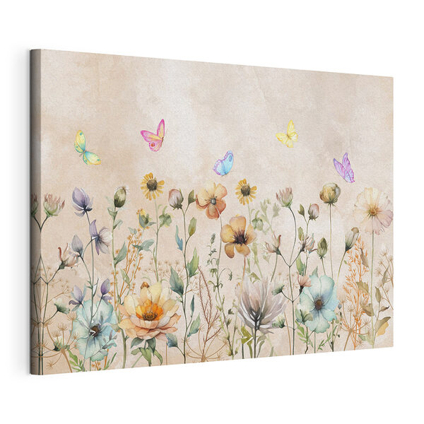 Canvas Schilderijen Kleurrijke vlinders dansen boven wilde bloemen