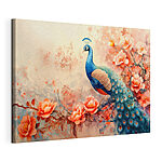 Canvas Schilderijen Majestueuze pauw te midden van levendige bloesems