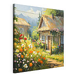 Canvas Schilderijen Cottage omringd door levendige tuinbloemen