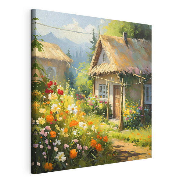 Cottage omringd door levendige tuinbloemen Canvas Schilderijen Cottage omringd door levendige tuinbloemen