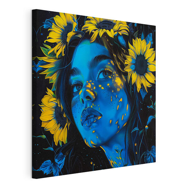 Vrouw met zonnebloemen in haar haar Canvas Schilderijen Vrouw met zonnebloemen in haar haar
