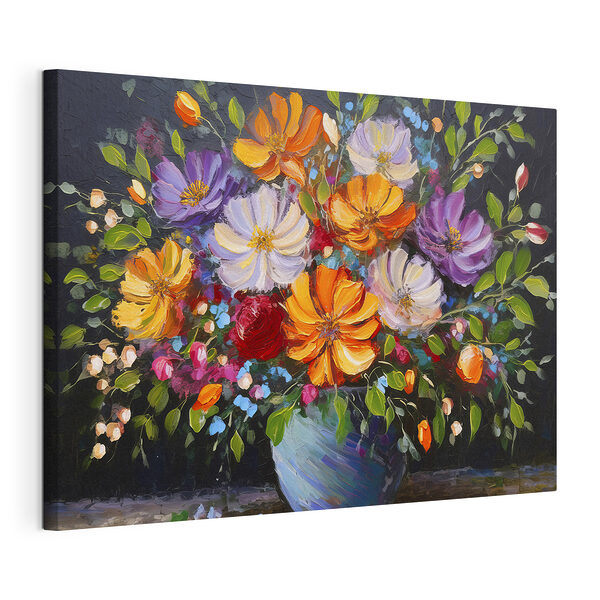 Canvas Schilderijen Kleurrijke bloemen in een turquoise vaas