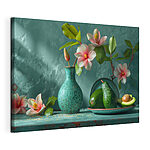 Canvas Schilderijen Avocado's en bloemen op groenblauwe display