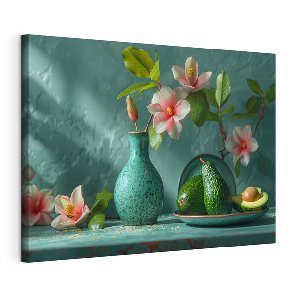 Canvas Schilderijen Avocado's en bloemen op groenblauwe display