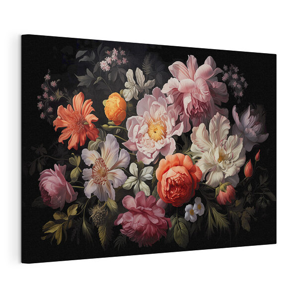Canvas Schilderijen Levendige bloemen tegen een donkere achtergrond