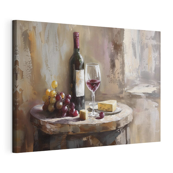 Canvas Schilderijen Wijn, kaas en druiven op tafel